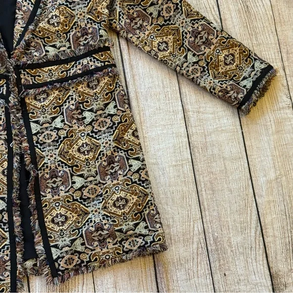 Chico’s Tapestry Jacquard Topper Coat Size 8/10 Fringe-Trim Baroque Brown Tan - Picture 6 of 15